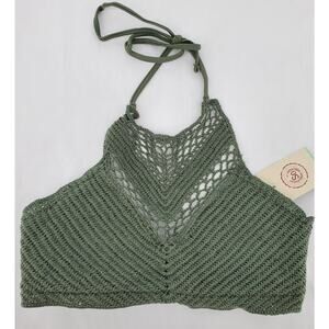SO Juniors Size Medium Crochet Swim Top Halter Tie Back‎ Closure Olive Green New